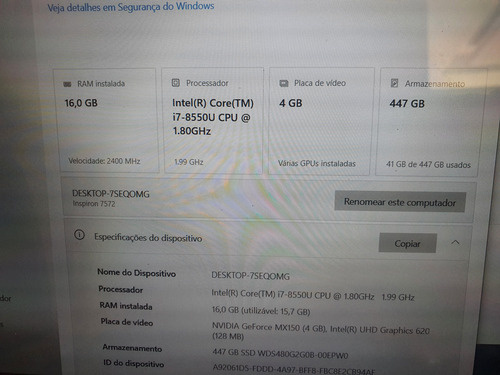 Notebook Dell Inspiron 7572 I7-8550u 16gb 480g Nvidia Mx150 Prateado (Usado)