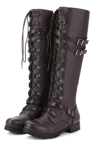 Botas De Combate De Cuero Steampunk Con Hebillas Y Cordones