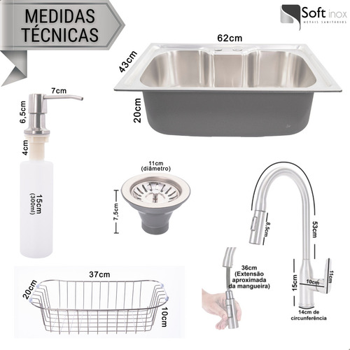 Kit soft inox cuba pia cozinha gourmet aço inox 60x40 con torneira escovada monocomando e acessórios
