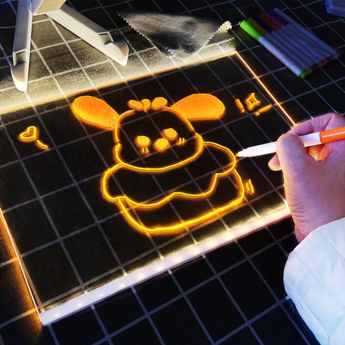 20*20cm Tablero De Dibujo Led Para Niños, Acrílico Transparente, Doble Cara, Borrable En Seco, Con Base Ajustable, Incluye 7 Plumones Fluorescentes, Luz Led Multicolor Y Nocturna