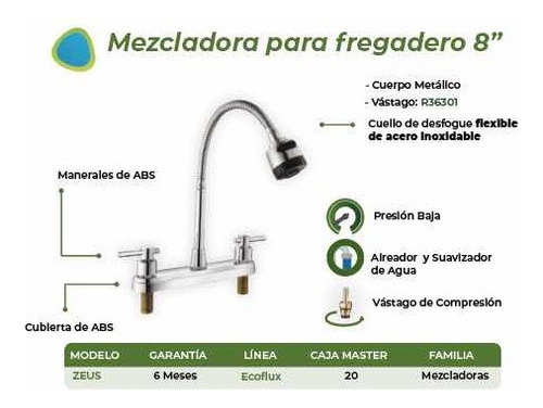 Mezcladora Para Tarja Grifo Fregadero Flexible Llave 2 Modos