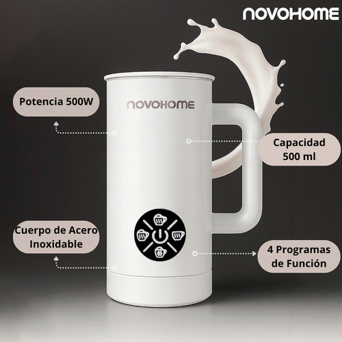 Espumador Calentador Batidor De Leche Novohome 4 En 1 Acero Inoxidable 500ml Color Blanco