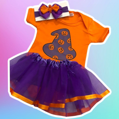 Imagem 3 de 4 de Fantasia Halloween Bebê Body Abóbora Bruxa Tutu E Laço Kit
