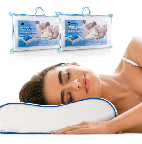 Combo: 2 Almohadas Gel Ortopédica Memoria Energy Plus Color Blanco Y Azul