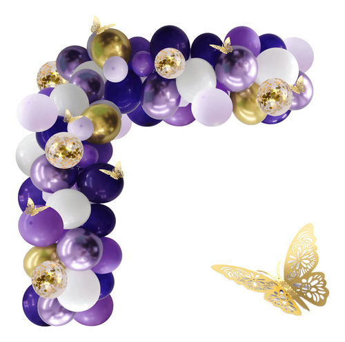 Kit 132 Guirnalda Globo Morado Latex Arco Dorado Mariposa