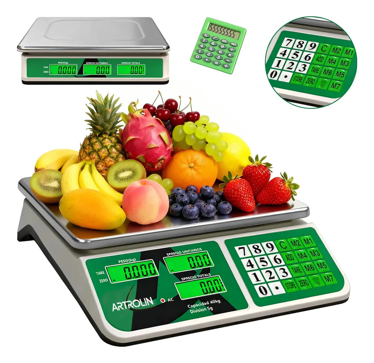 Báscula Comercial Digital de 40 kg Recargable batería 3 Lcd Tecla Tara Color Blanco con Pesaje Inicial Desde 5 gramos 30.5 cm x 22 cm ARTROLIN