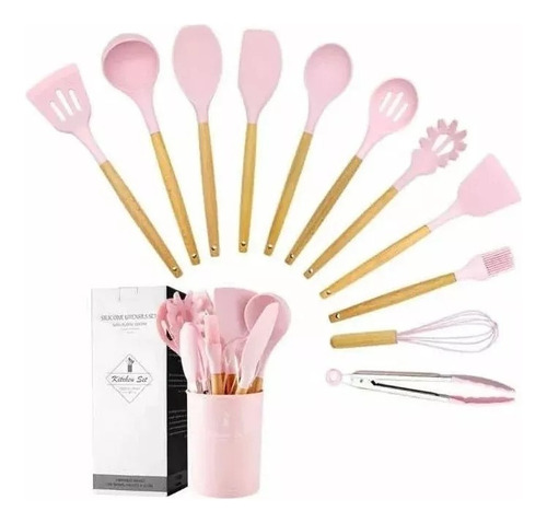 Set 12 Utensilios Cocina Silicona Madera Espátulas Pinza 