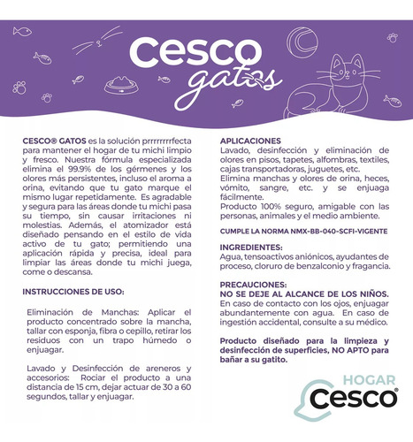 Cesco Limpiador Desinfectante Biodegradable Gatos 4 Lt