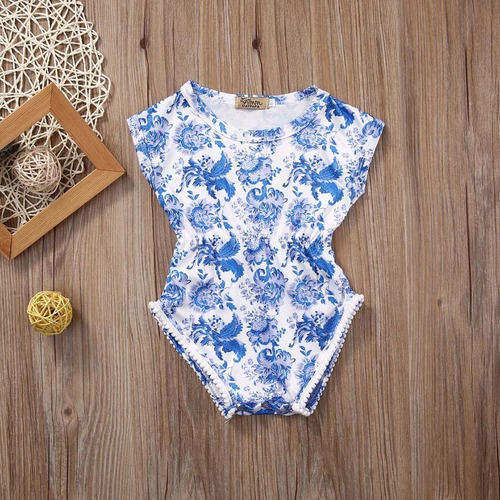 Romper Azul E Branco Pompom Menina Bebê Infantil Body