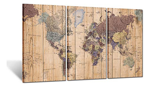 Large Size 3 Panel Vintage World Map Canvas Wall Art Fo...