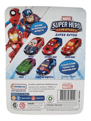 Super Auto Marvel Spiderman Iron Hulk Capitan Thor Juguete