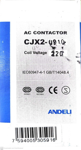 Contactor De 9amp Modelo Cjx2-d0910 Bobina 220v Andeli