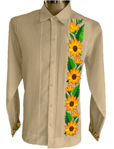 Guayabera Bordada De Girasoles. M/l Tallas Extras. Mayakim