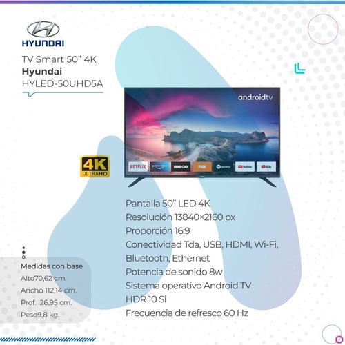 Imagen 2 de 10 de Smart Tv Hyundai 50 4k Televisor Google Android