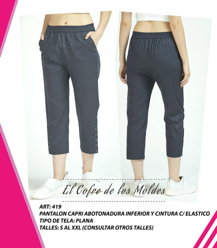 Molde Digital Pantalon Capri Tela Plana, Pack Talles S A Xxl