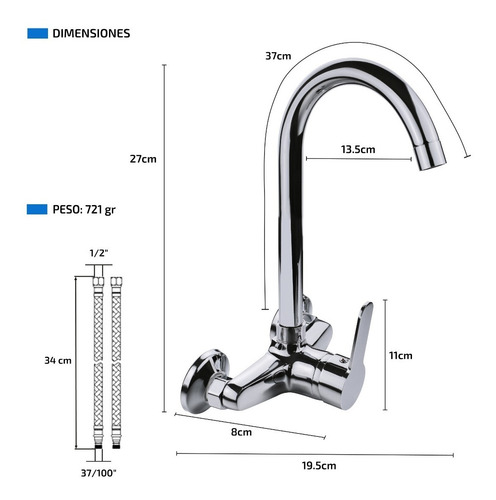 Griferia De Cocina Vanitory Canilla Monocomando Pared Baño