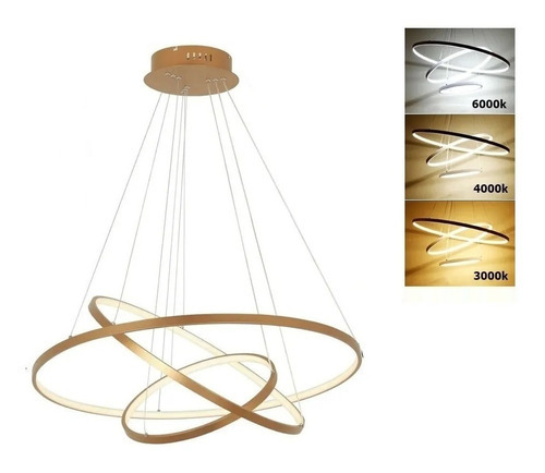 Lámpara colgante moderna con 3 anillos, color dorado, 80 W, luz 3/1, 40 x 60 x 80