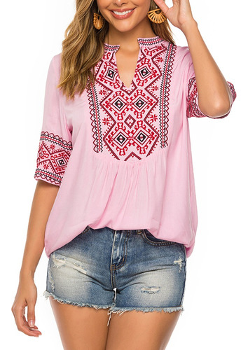 Blusas De Muje Mexicana Polera Bohemia Blusas Bordada Tops