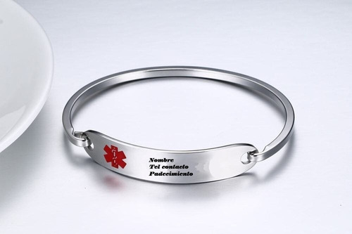 Imagen 2 de 5 de Pulsera Acero Blanco Alerta Médica Grabado Incluido M1093