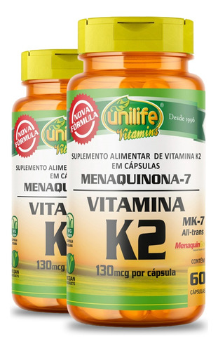 Kit 2 Vitamina K2 Menaquinona Mk7 Unilife Com 60 Cápsulas Sabor Sem Sabor