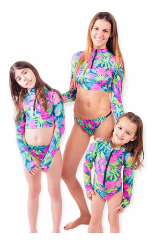 Remera Top Surf Uv Upf50+ C/pasante Dedo Tropical Mujer Mama