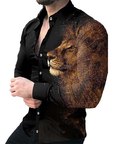 Camisa Casual Con Estampado De León En 3d Para Hombre