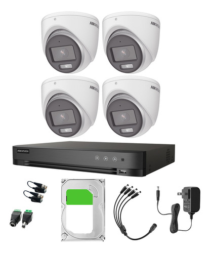 Hikvision Kit De 4 Cámaras De Seguridad Metálicas Con Micrófono Integrado Turret 3k 5mp Imagen A Color 24/7 Exterior Ip67 + Dvr 8mp 4 Canales Turbohd + 4 Canales Ip + 3tb Hdd Ids2ce70kf0t-plus-sc+3tb