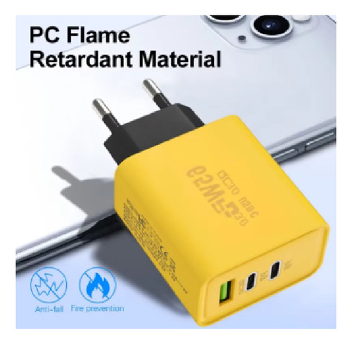 Carregador Rápido Gan 65w, 3 Portas, Tipo-c, Usb-a E Usb Pd