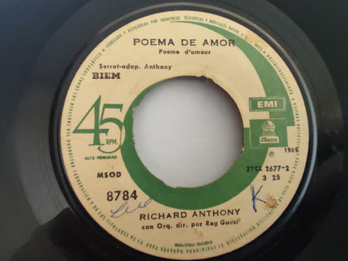 Vinilo Single De Richard Anthony - Poema De Amor ( Q74