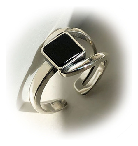 Anillo Plata Ley 925 Con Adorno De Cuadrado Negro, Ajustable