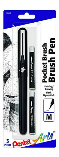 Pluma Pincel De Bolsillo Pentel, 2 Recargas Tinta Negra.