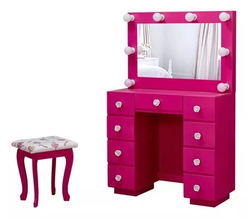 Conjunto de Toucador e banco para crianças Mesa de Maquilhagem Princesa  para Meninas com Espelho Rotativo 360° Removível 3 Gavetas Rosa e Branco