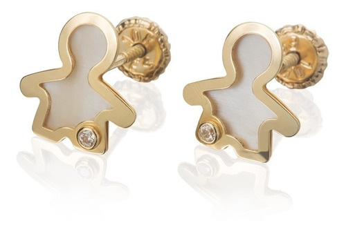 Aretes De Oro 14k Broquel Con Madre Perla Y Circonia Muñeco