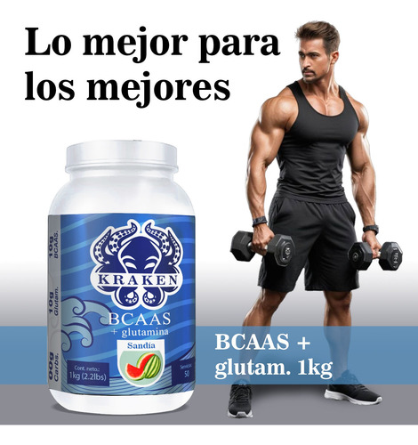 Aminoácidos Bcaas + Glutamina Kraken 1kg 100 Servicios Sandía
