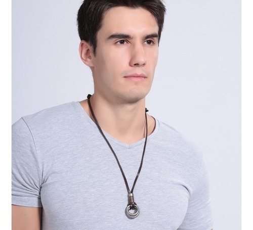Kit 2 Cordão Colar Masculino Couro Legítimo Argolas + Flecha Cor Marrom-escuro