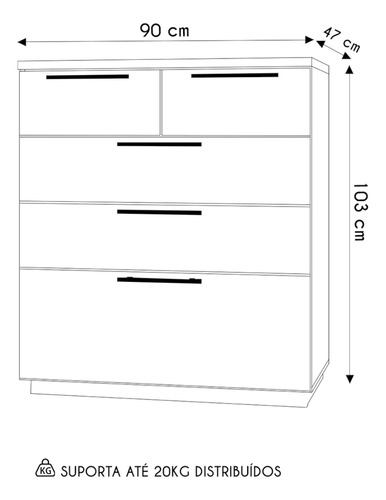 Cômoda Para Quarto 5 Gavetas 90cm Dubai Alasca