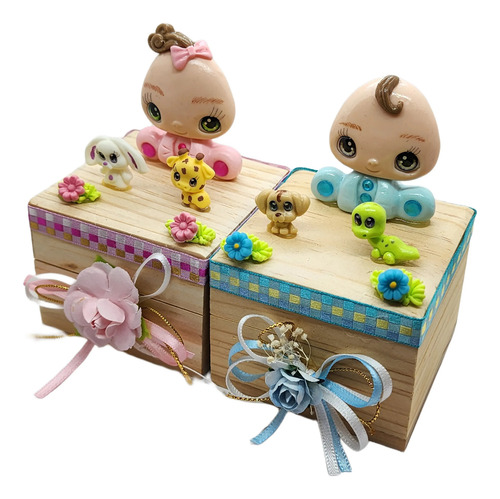 Recuerdo Bautizo Bebe Y Animalitos En Caja De Madera Natural