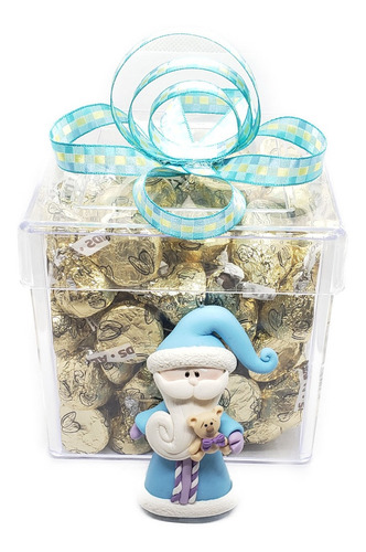 Caja De Acrilico De 10 Cm Y Santa Claus Azul Para Regalo