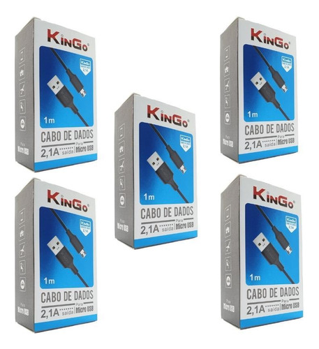 Kit 5 Cabos Micro-usb V8 Kingo Preto 1m 2.1a Para Galaxy A01