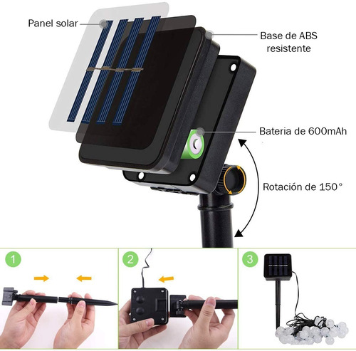 Imagen 10 de 10 de Guirnalda 50 Luces Exterior Panel Solar Control Remoto Usb