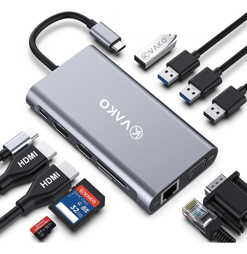 Adaptador Hub Vako 11en1 Usb C Hdmi Ethernet Para Chromebook