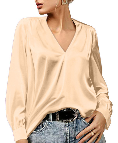 Blusa De Satén Plisada Con Cuello En V, Holgada, Larga, L, P