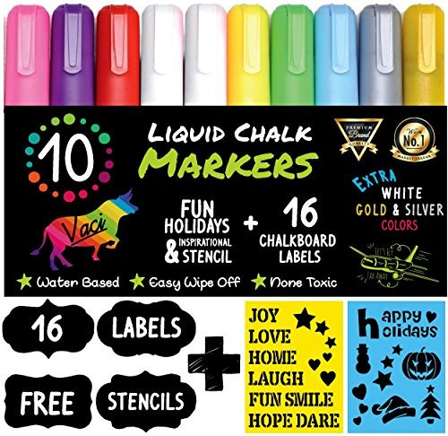 Chalk Markers By Vaci, Paquete De 10 + Plantillas De Dibujo