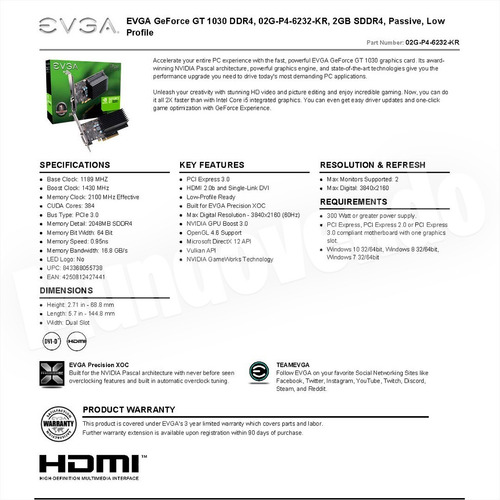 Imagen 4 de 4 de Tarjeta De Video Evga Geforce Gt 1030 Ddr4 2gb Sddr4