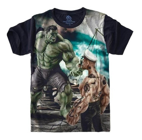 Camiseta Unissex Preta Super Heróis Hulk X Popeye Plus Size