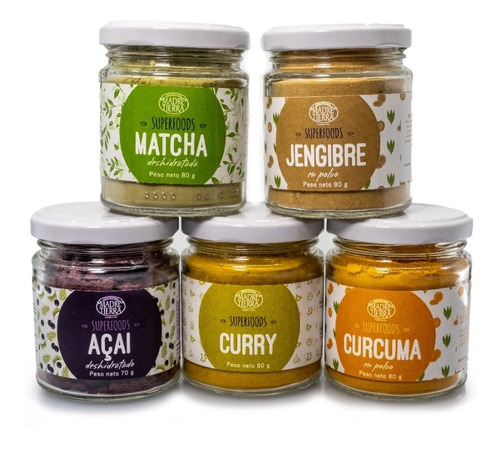 Pack X5 Superfoods  Matcha, Jengibre, Acai, Curry Y Curcuma