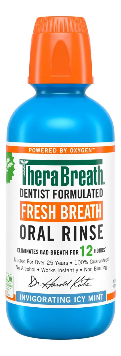 TheraBreath Enjuague Bucal - Sabor Menta Fresca, 473 ml, Combate El Mal Aliento Hasta Por 12 Horas, Sin Alcohol, Sin Ardor y Sin Colorantes Artificiales, Creado Por Dentistas.