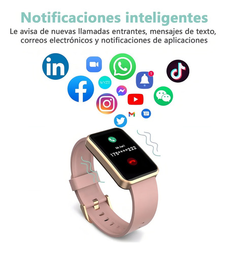 Smart Waterproof Watch Incoming Call Whatsapp Notification Color de la caja Rosa pálido Color de la correa Negro