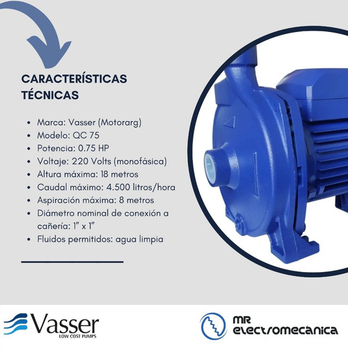 Imagen 3 de 10 de Bomba Centrifuga Motorarg Linea Vasser Qc75 3/4 Hp Eje Acero