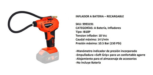 Imagen 2 de 3 de Inflador A Bateria Recargable Dowen Pagio Litio Sin Bateria